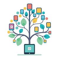 Digital tree illustration with stylized leaves displaying an array of technology icons representing modern communication and innovation vector