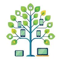 Innovative tree artwork showcasing creatively designed leaves decorated with diverse technology symbols for a connected world concept vector