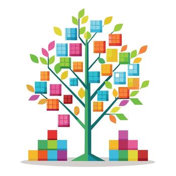 Creative tree design displaying stylized leaves in the form of vibrant Tetris blocks for a fun and engaging visual vector