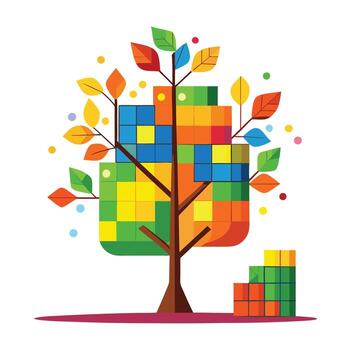 Playful tree design featuring stylized leaves shaped like colorful Tetris game blocks in a fun concept vector