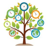 Creative tree design displaying stylized leaves in the form of world clocks showing different hours around the world vector