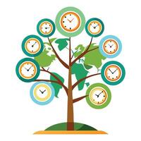 International tree artwork showcasing creatively designed leaves shaped like world clocks displaying various time zones vector