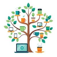 Corporate tree artwork showcasing creatively designed leaves resembling tiny office setups with desks and laptops vector