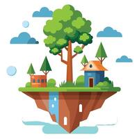 Fantasy tree design featuring stylized tiny floating islands as whimsical and imaginative leaves on the branches vector