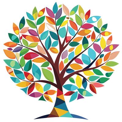 Artistic tree artwork showcasing creatively designed leaves with a bright mosaic pattern for a lively visual effect