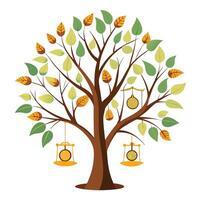 Temporal tree artwork showcasing creatively designed leaves resembling wristwatches and sand timers for a concept of time flow vector