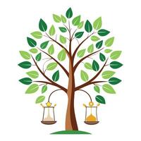 Timeless tree design featuring stylized leaves shaped like watches and hourglasses representing the passage of time vector