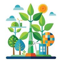 Green tree design displaying stylized leaves in the form of windmills and renewable energy signs for an ecological awareness concept vector