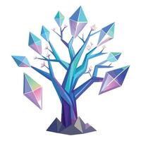 Modern tree illustration with a holographic crystal structure emitting bright and abstract light vector