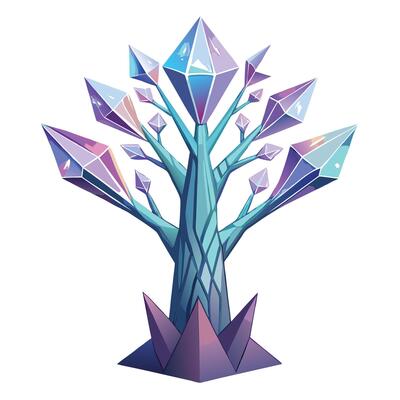 Futuristic tree design with holographic crystal leaves glowing with vibrant colors