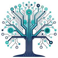 Modern tree illustration with holographic data particles creating a network-like structure vector