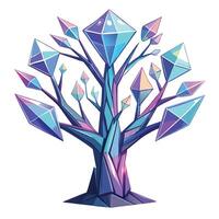 Unique tree artwork featuring holographic crystals as leaves in a futuristic and ethereal style vector