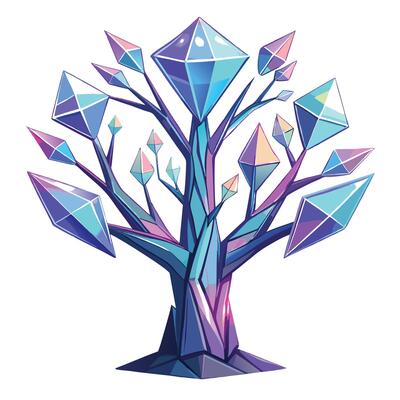 Unique tree artwork featuring holographic crystals as leaves in a futuristic and ethereal style