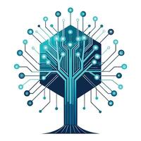Unique tree artwork featuring holographic data flowing as leaves in a digital and abstract concept vector