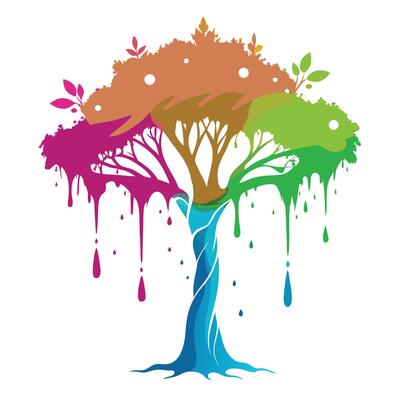 Creative tree graphic featuring an abstract composition of ink splashes and drips