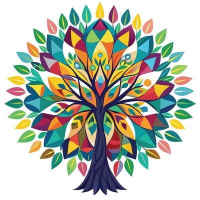 Unique tree artwork displaying a kaleidoscope of rich and diverse patterns and colors