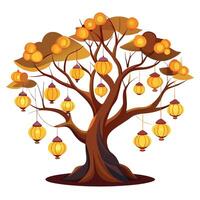 Dreamy tree graphic with softly lit lanterns hanging from its branches in a peaceful evening scene vector