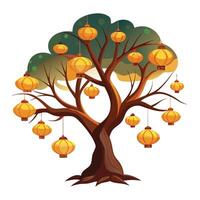 Magical tree artwork with warm glowing lanterns adorning its branches in a serene nighttime setting vector