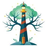 Whimsical tree design featuring a lighthouse as its central trunk radiating a bright beam vector