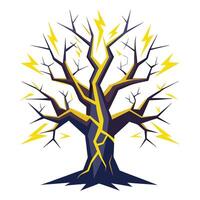 Intense tree graphic with a lightning strike highlighting its silhouette against a dark sky vector