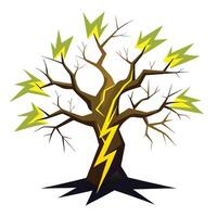 Striking tree artwork with a lightning bolt passing through its branches in a stormy night vector
