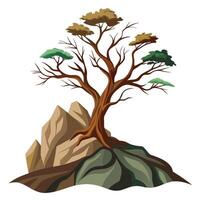 Peaceful tree illustration standing alone on a majestic mountain peak overlooking a scenic view vector