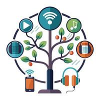 Unique media tree illustration for podcasting and digital audio content vector