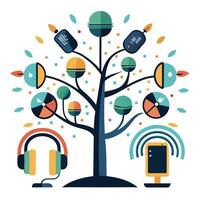 Artistic podcast tree concept with symbols of media and broadcasting vector