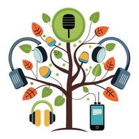 Creative podcasting media tree design with microphone and sound waves vector