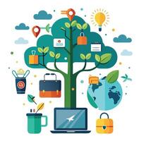 Inspiring remote work digital nomad tree concept with laptop and world map vector