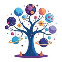 Fantastic space exploration tree artwork with otherworldly and celestial themes vector