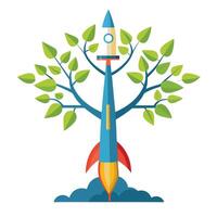 Dynamic startup rocket tree artwork symbolizing rapid growth and new ventures vector