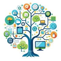 Creative tech innovation tree illustration showcasing future technology trends vector