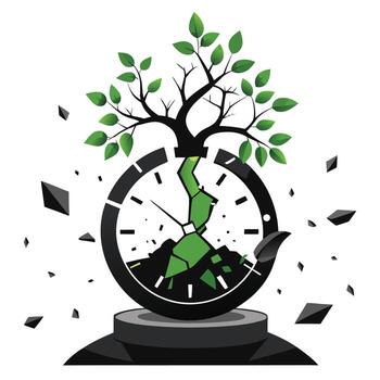 Symbolic tree growing from a broken clock illustration representing the passage of time vector