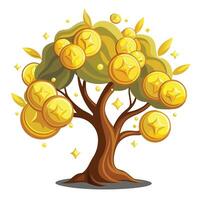 Magical treasure tree illustration with sparkling gems and golden coins vector