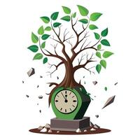 Artistic tree growing from a broken clock artwork depicting the flow of time vector