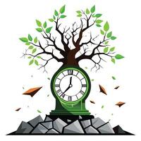Conceptual tree growing from a broken clock design symbolizing time and nature vector