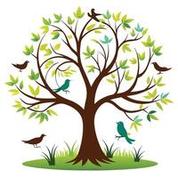 Beautiful tree with colorful birds perched on its delicate branches vector