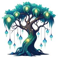 Mystical tree adorned with glowing bioluminescent vines in the night vector