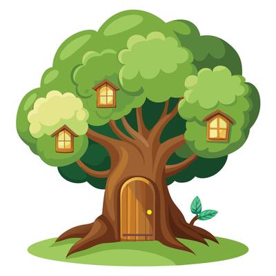 Creative illustration of a tree featuring a tiny door in its trunk
