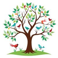 Charming illustration of a tree with various birds resting on its limbs vector