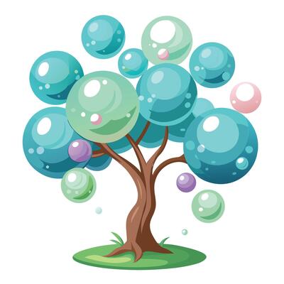 Creative illustration of a tree with shimmering bubbles forming its foliage
