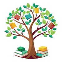 Creative illustration of a tree with books gently floating around it vector