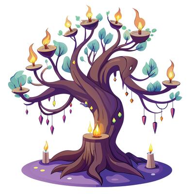 Artistic depiction of a tree with flickering candles gently floating nearby