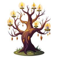 Mysterious tree with glowing candles floating around its branches vector