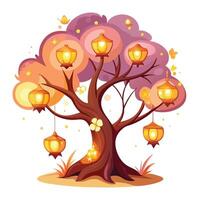 Creative illustration of a tree with glowing lanterns suspended in air vector
