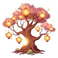Artistic depiction of a tree with warm lanterns illuminating the surrounding air vector