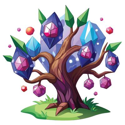 Creative illustration of a tree bearing enormous, luminous crystal fruits