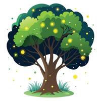 Unique design of a tree with fireflies emitting a gentle, magical light vector