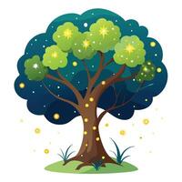 Artistic depiction of a tree with sparkling fireflies creating a magical scene vector